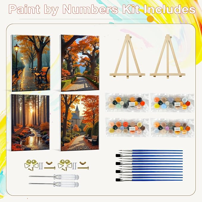 HeeBenor 4 Pack Autumn Paint by Numbers Kit for Adults Framed Canvas