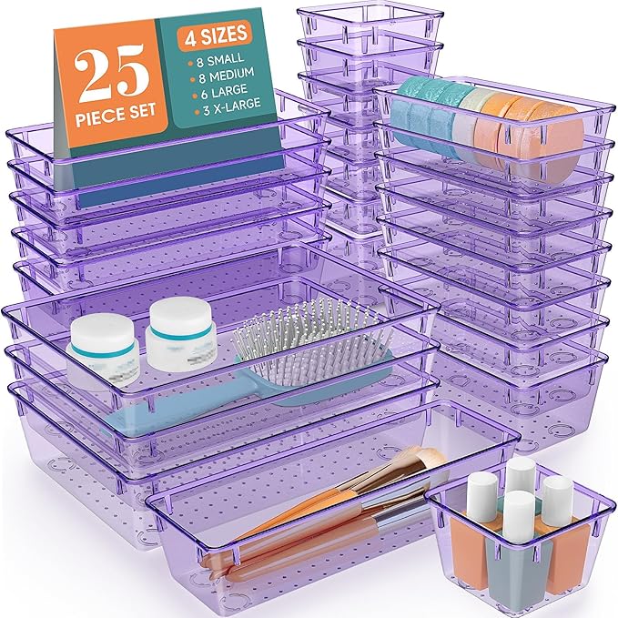 25 PCS Plastic Drawer Organizer Set, Makeup Organizers and Storage Bins | 4 Sizes Desk Drawer Divider Organizers and Storage Bins for Jewelry, Gadgets for Kitchen, Bedroom, Bathroom, Clear Purple