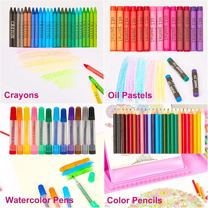 KINSPORY Art Set for Kids, 290 Pack Double-Side Easel Drawing Kits (Pink)