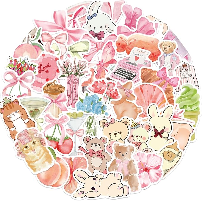 50pcs Coquette Pink Bows Stickers Vintage Aesthetic Stickers Pink Bear Living Graffiti Water Bottles Laptop Computer Phone Guitar