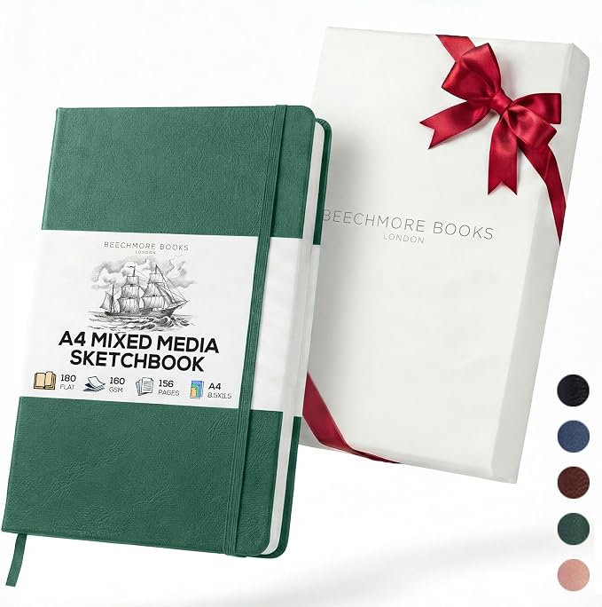 Beechmore Books A4 8.5x11 Mixed Media Sketchbook 160 GSM/98LB with Gift Box | Hardcover Art Journal with Lay-Flat Binding, 156 Perforated Ivory Pages for Drawing, Ink & Light Watercolor