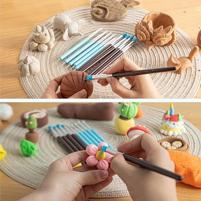 UUSYCUN 10PCS Silicone Clay Sculpting Tool, 2-Way Clay Shaper & Sculpter Brushes Tools for Modeling, Dotting, Polymer Clay, Pottery Crafts, Nail Art, Rock, Blending, Drawing, Air Dry Clay, Ceramics