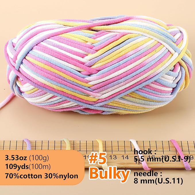 LUCKY BALL Yarn for Crocheting, 100g / 109 yd 70% Cotton 30% Nylon #5 Bulky Tube Yarn, Soft Crochet & Knitting Yarn for Bags, Hats, Socks, Sweaters, Blankets(Macaron)