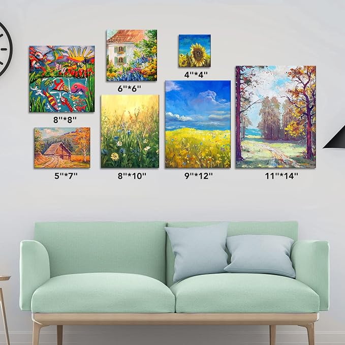 ESRICH Canvases for Painting, 36 Pack Canvas Boards 4x4, 6x6, 8x8, 5x7, 8x10, 9x12, 11x14, Round Canvas Panels with 8x8,10x10-Cotton Primed Blank Large Canvases for Acrylic, Oil, Gouache & Tempera.