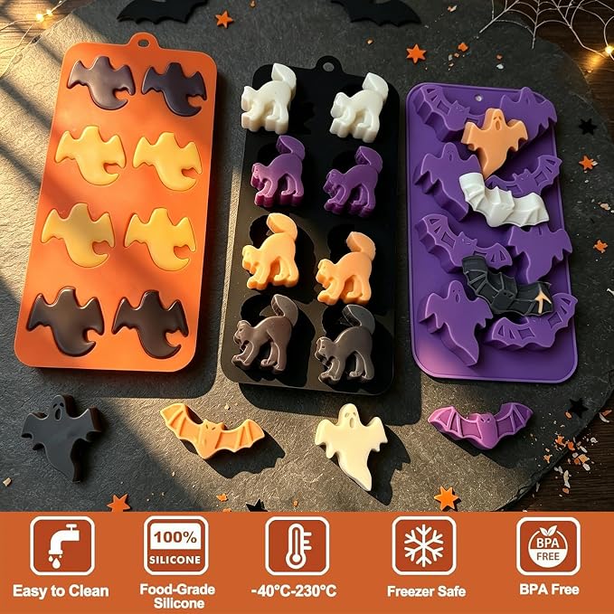 3 Pack Halloween Silicone Molds, Ghost Bat Black Cat Candy Chocolate Molds