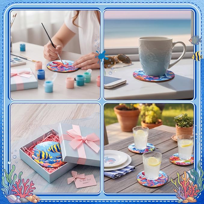Reallnaive 8 Pcs Ocean Paint by Numbers Kit for Adults Wood Coastal Coaster | Mini Paint by Numbers, Tiny Marine Animal Round Oil Painting Drink Coaster with Holder, for Small DIY Craft Pink Blue Gift