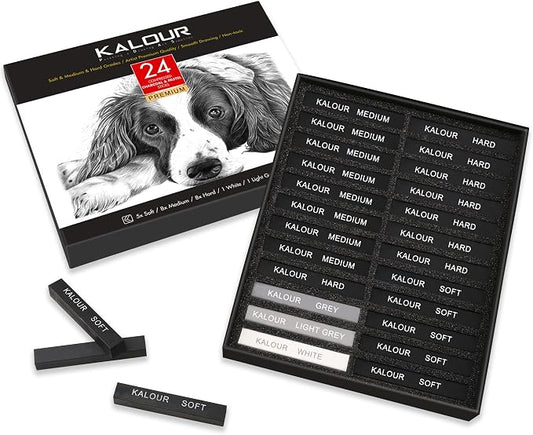 KALOUR 24 Pro Charcoal Drawing Set - Soft,Medium,Hard Charcoal and White - Charcoal Sticks for Drawing Sketching Shading - Art Supplies Gift for Artists Beginners Adults