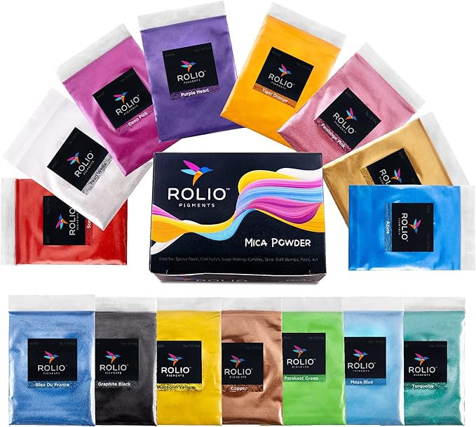 Rolio - Mica Powder Color Pigment Set - Original Set, 5g, 15 Bags | Pearlescent Color Pigments, Resealable Jars for Epoxy Resin, Soap Making, Candles, Slime, Nail Art, and DIY Crafts