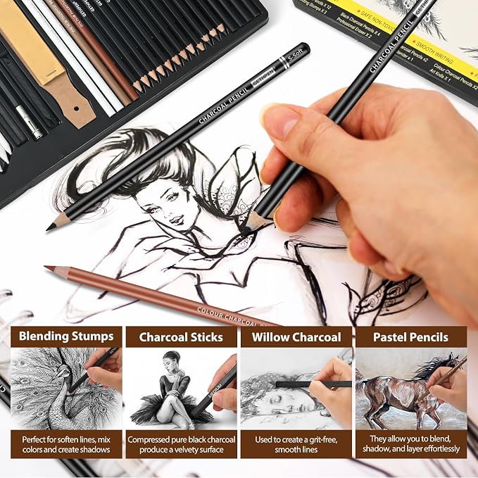 GETHPEN Drawing Sketching Pencil Set, 34 Piece, Graphite Pencils (14B-4H) | Art Pencil Kit with Black and White Colour Charcoal Pencils,Charcoal Sticks,Stumps,Eraser, Sharpeners,Sketch Set for Artists
