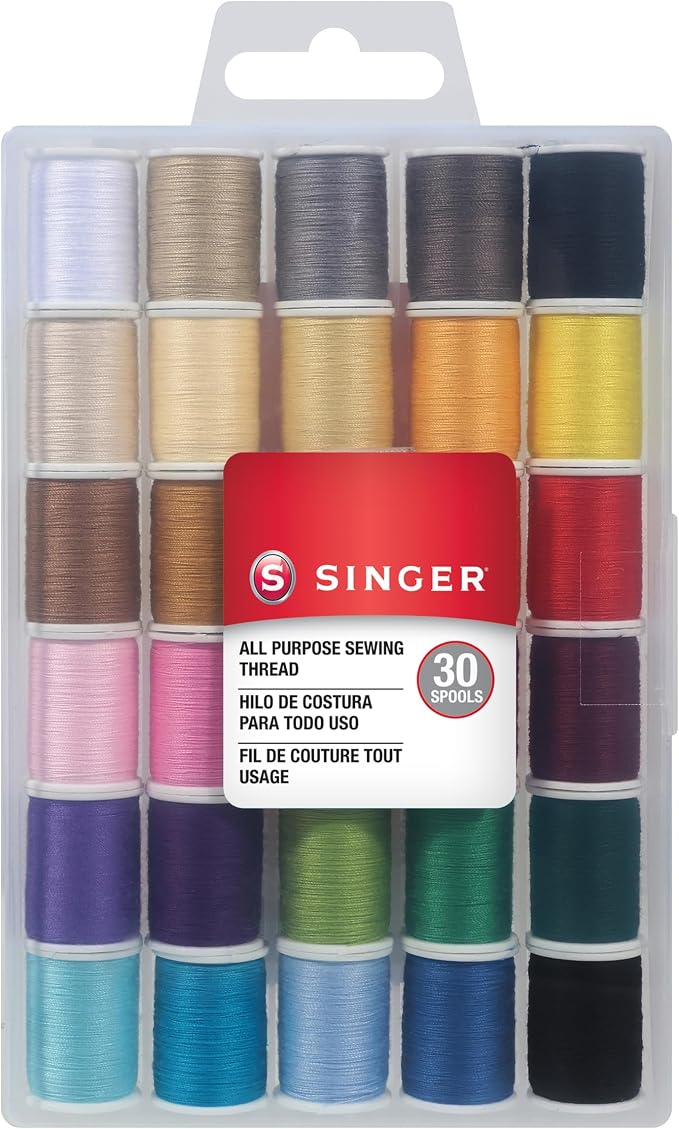 SINGER Polyester Sewing Thread Set, Assorted Colors, 50 Yards, 30 Count | 30 spools of polyester thread, 50 yards each (1,500 total); machine and hand sewing, plus 5 needles, threader and case