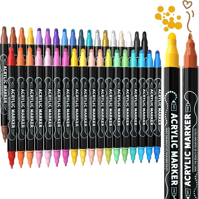 nauets 36 Colors Precision Dual Tip Acrylic Paint Markers Pens - Dot & Fine | Works on Rock, Wood, Fabric, Canvas, Glass, Scrapbook, Paper, Ceramic, Egg, DIY Craft Art Gift - Classroom & School Supplies