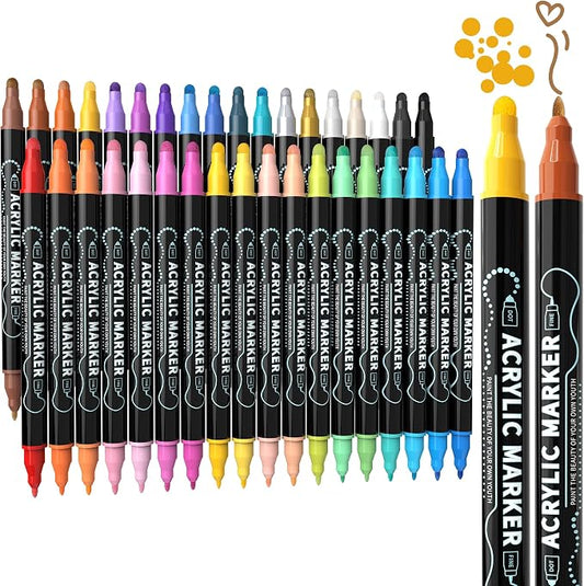 nauets 36 Colors Precision Dual Tip Acrylic Paint Markers Pens - Dot & Fine | Works on Rock, Wood, Fabric, Canvas, Glass, Scrapbook, Paper, Ceramic, Egg, DIY Craft Art Gift - Classroom & School Supplies