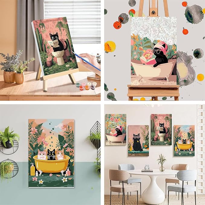 4 Pack Cat Paint by Numbers for Adults with Framed Canvas - Wooden Easel | Cat Paint by Number on Canvas, DIY Black Cat Acrylic Oil Painting Kits with Brushes for Home Wall Decor (8x12 inch)