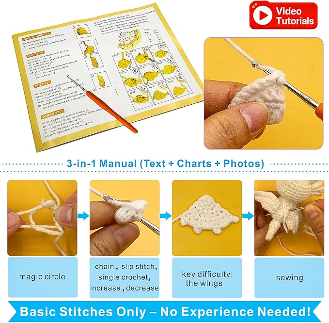 LuNuaFvy Crochet Kit for Beginners, Adults & Kids - Complete Animal Starter Kit to Make 2 Cute Dragons, Easy-to-Follow Book & Video Tutorial, Soft Yarn, Gift & Storage Bags