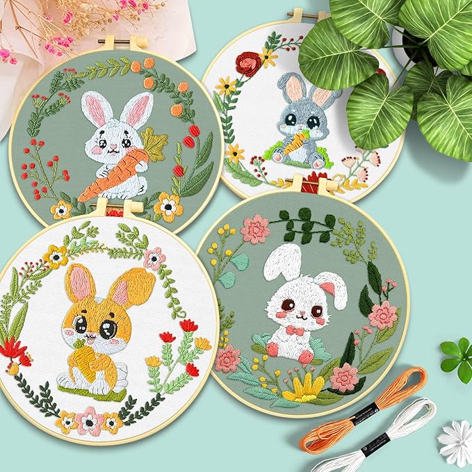 ERKOON 4 Sets Embroidery Kit, Animal Cross Stitch Set for Include Embroidery Cloth Hoops Threads for Craft Lover Hand Stitch (Rabbit)