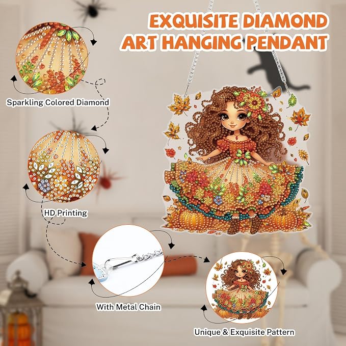 Bowetile Fall Diamond Art Hanging Kits for Adults, Autumn Diamond Art Suncatchers Harvest Girl, 5D Special Shape Maple Leaf Diamond Painting Pendant Window Ornament Gifts for Home Wall Decor