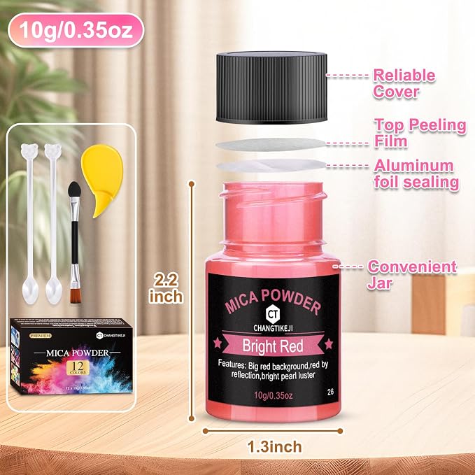 Mica Powder 12 Colors Pearlescent Pigment - for Resin Epoxy, Soap Making, Nail Polish, Lip Gloss, Eye Shadow, Bath Bomb, Slime & Candle - 10g Each Bottle (Basic Color Series)