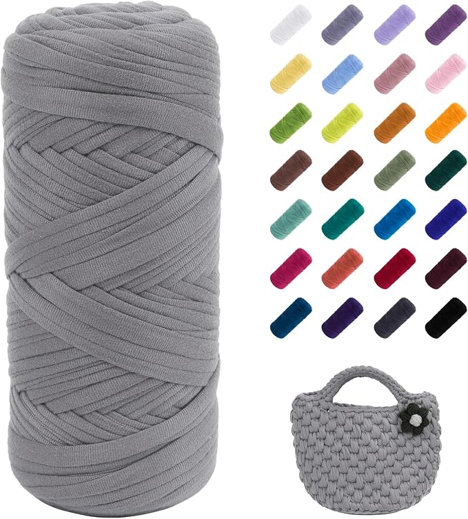 JeogYong T-Shirt Yarn, 200g/196ft Elastic Fabric Cloth Knitting T Shirt Yarn, Light Gray Thick Crochet Fabric Ribbon for Crocheting Bags/Baskets/Rugs, Home Decor, DIY Crafts