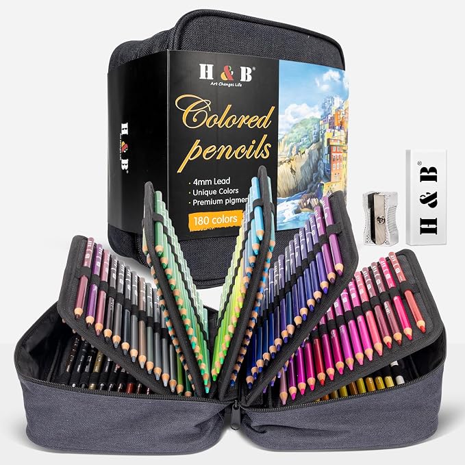 H & B 182 PCS Colored Pencils Kit, Art Supplies for Adult Coloring,Oil Based Soft Core, Ideal for Coloring Sketching Shading, Art Pencil Set for Artists, Wooden Color Pencils