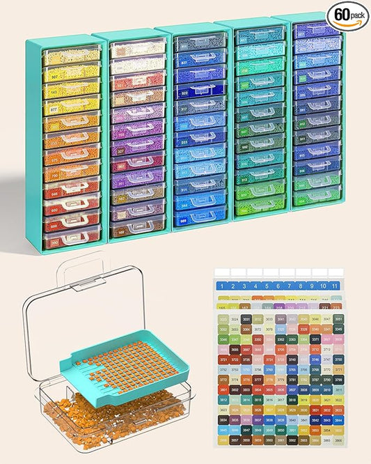 Redtwo 60 PCS Diamond Painting Storage Containers Trays, Blue | 3-in-1 Diamond Painting Trays with Lids, Detachable Trays, 5 Adjustabe Racks, Diamond Art Accessories, Diamond Art Storage