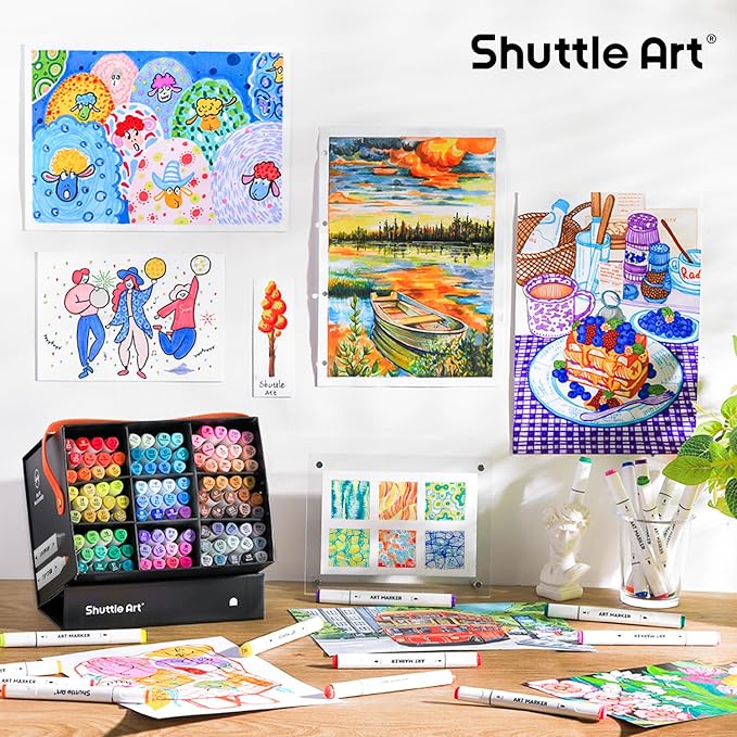 Shuttle Art Brush Tip Alcohol Markers, Dual Tip Brush & Fine Tip Art Marker Set, 121 Colors Marker Pens with Organized Case Perfect for Illustration Kids Students Adults Coloring Sketching