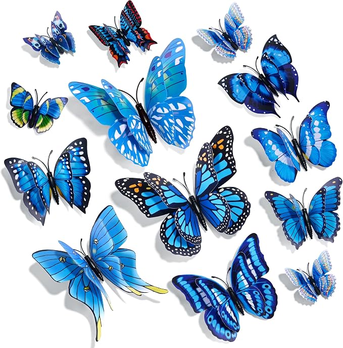 SAOROPEB 3D Butterfly Wall Decor, 72 Pcs Blue Butterfly Decorations