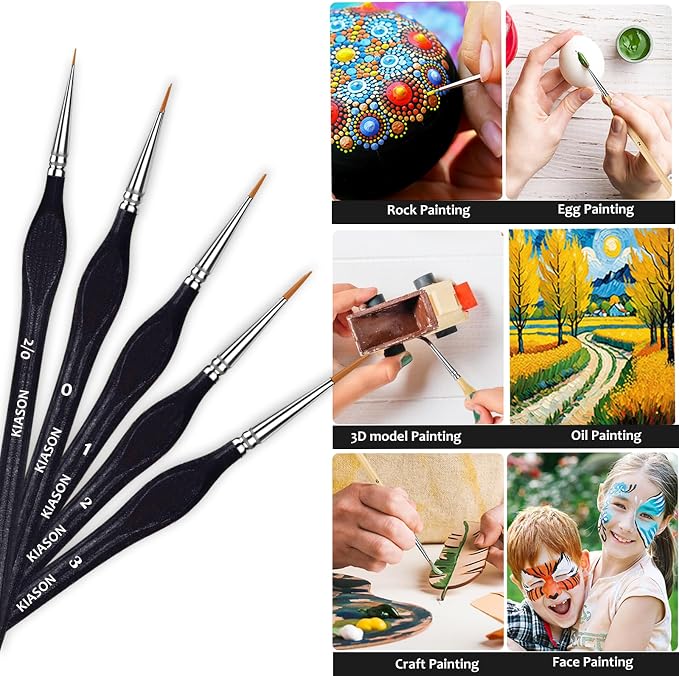 5PC Miniature Detail Paint Brushes Set for Fine Detailing, Black | Tiny tips for acrylic, oil, watercolor, models, figurines, face paint & crafts. Great for paint-by-number, canvas & fine art.