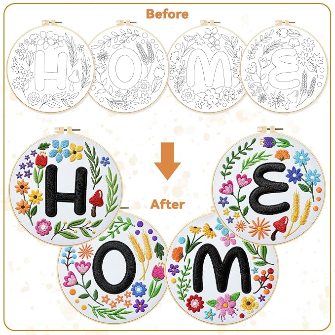 BEUNITONE 4 Set Embroidery Kit for Beginners, DIY Home Theme Pre-Stamped Pattern Needlepoint Kits for Adults with Hoop and Instruction, Funny Hand Embroidery Patterns for Cloth and Home Decor