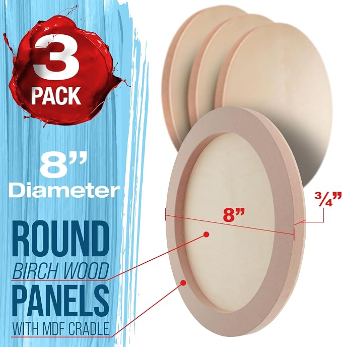 U.S. Art Supply 8" Round Unfinished Cradled Wood Panels for Painting