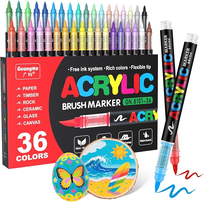 Guangna Acrylic Paint Markers Brush Tip, 36 Vivid Colors with Direct-Liquid Ink Control System, Professional-Grade Paint Pen for Rock Painting, Canvas, Glass, Plastic, Fabric, Eggs