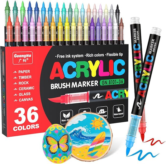 Guangna Acrylic Paint Markers Brush Tip, 36 Vivid Colors with Direct-Liquid Ink Control System, Professional-Grade Paint Pen for Rock Painting, Canvas, Glass, Plastic, Fabric, Eggs