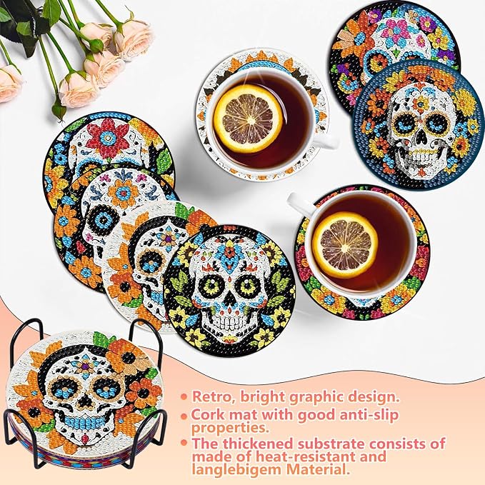 hkejoi 8 Pcs Skull Diamond Art Coasters Kit for Adults, Skull Diamond Painting Coasters with Holder, 5D Gem Art, DIY Crafts Diamond Dots for Gift Home Decor