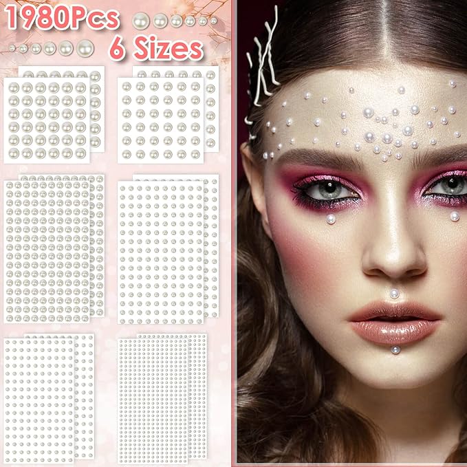 1980Pcs Self Adhesive Pearl Stickers, Shynek Pearls Sticker Gems for Hair, Face, Makeup, Eye, Nail, Crafts, Assorted Sizes