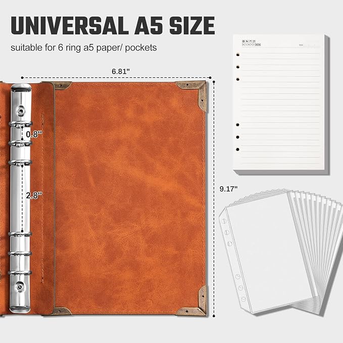 Ovesmusl PU Leather A5 Binder 6 Ring Refillable Journal Cover 6.8”x9.2”