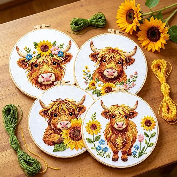BEUNITONE 4pcs Embroidery Kit, Highland Cow & Sunflowers Stamped Embroidery Kits with Hoop, Thread & Needles, Colorful Cross Stitch Kits Sewing Gifts for Adults and Beginners, DIY Craft for Relaxation