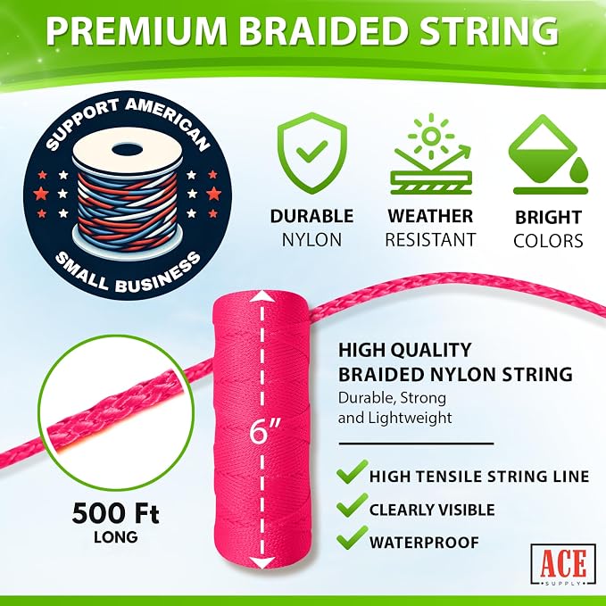 Fluorescent Pink String 500 Ft - #18 Neon Pink Twine - Nylon String Line for Mason Line, Construction, Leveling