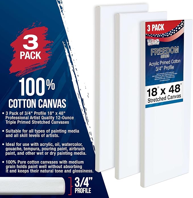U.S. Art Supply 18"x48" Stretched Canvas for Painting, 3/4" Profile, 3-Pack