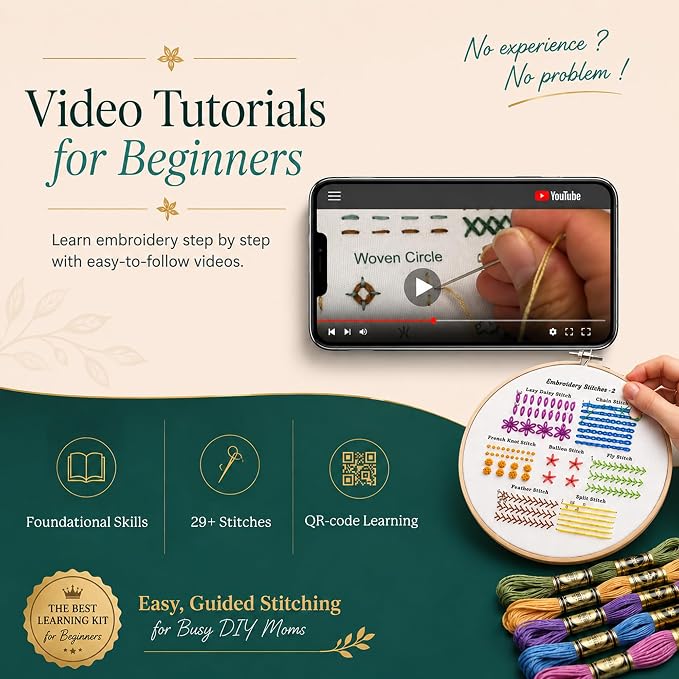 Bradove Classic Embroidery Learning Kit for Adults and Kids | Hand Embroidery Kit for Beginners with Patterns, Beginner Embroidery Kit for Adults, Stitches Practice, Learn to Embroider