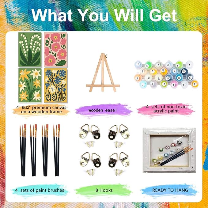 4 Pack Flower Paint by Numbers for Adults with Framed Canvas - Wooden Easel | Easy Flower Paint by Number for Beginners, Flowers Acrylic Oil Painting on Canvas with Brushes for Home Wall Decor 8x12 inch