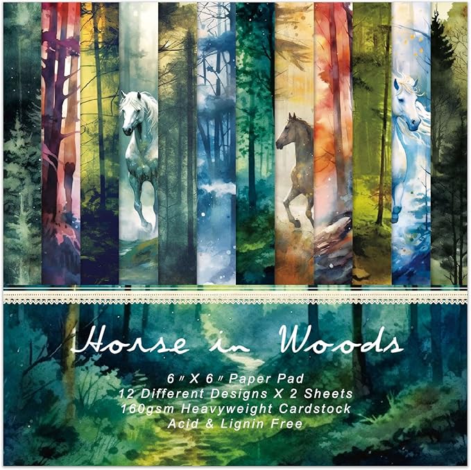 Forest Aesthetics Scrapbooking Paper Pad - 24 Sheets 6'' x 6'' Horse Patterns Designed Cardstock for Junk Journals Decoupage Diary Supplies DIY Crafts Gift Folded Wrapping Material