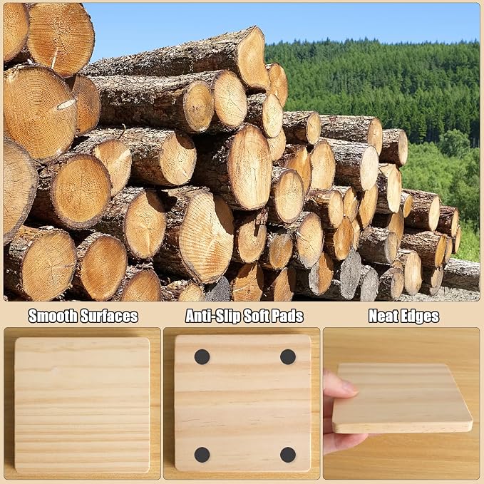 12 Pack 4 Inch Unfinished Square Wood Coasters with Non Slip Pad