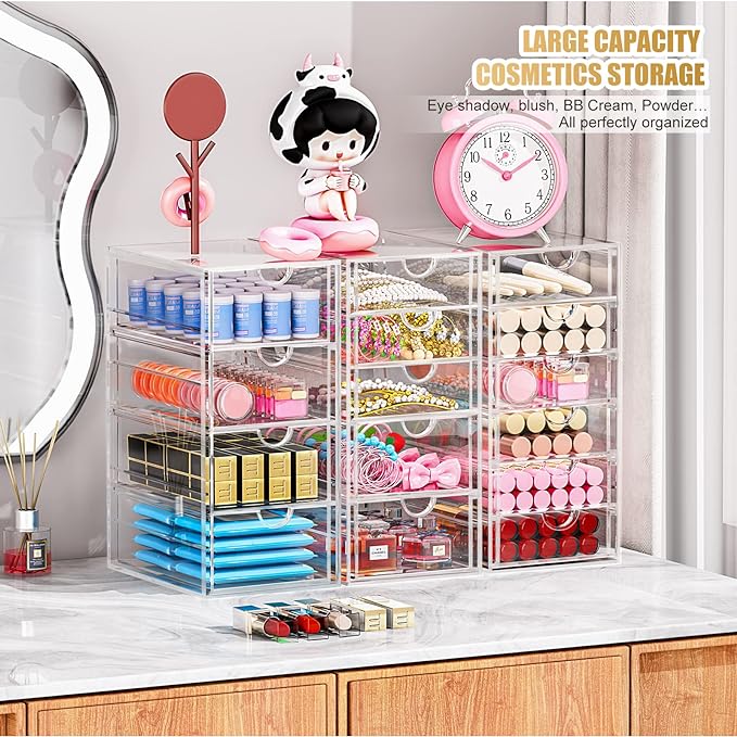 YFXCVSL 3-Pack Acrylic 15-Drawer Storage & Makeup Organizer for Desk | Smooth-glide drawers, clear acrylic, dustproof, waterproof, wipe-clean, for nail polish, essential oils, hair clips