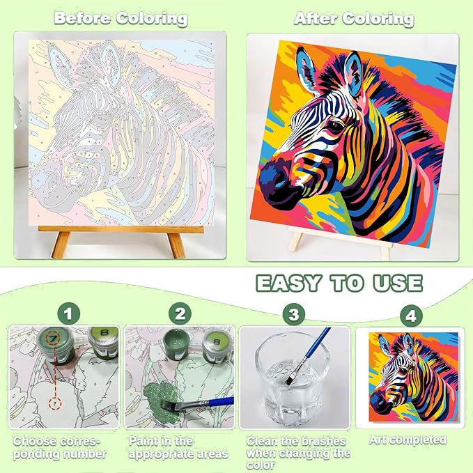 ajepon Zebra Paint by Numbers Kit for Kids with Frame - Zebra Paint by Number for Kids, Kid Painting by Number Kits Age 6-8 for Home Wall Decor 8X8inch (with Wooden Easel)