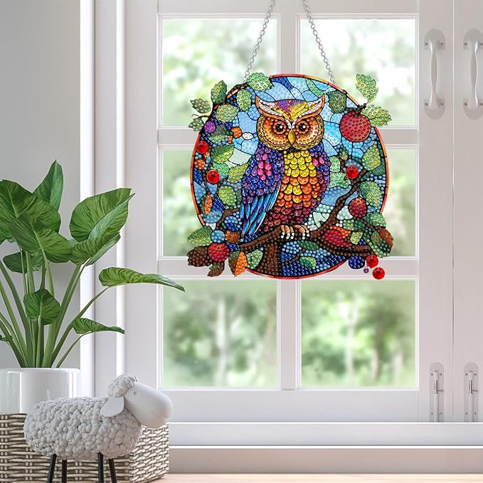 SKRYUIE Owl Hanging Pearl Diamond Art Kits for Adults Suncatcher A50 | Special Shaped Crystal DIY Hanging Diamond Painting Kit, Gift for Mother Spring Summer Window Wreath Decor 7.72 x 7.64 Inch