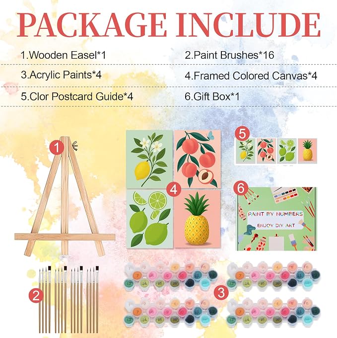 Qoosea Paint by Numbers Kit for Adults with Framed Canvas 4 Pack | Fruit Paint by Number Arts Kits for Beginner with Wooden Easel, Acrylic Set, Brushes for Home Decor, 9*12 Inch