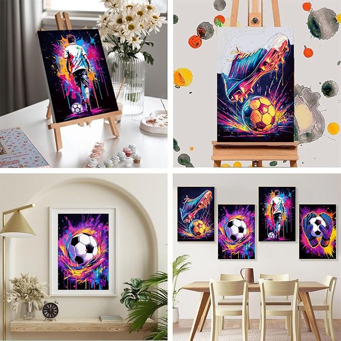 4 Pack Football Paint by Numbers for Adults with Framed Canvas 8x12 inch | Football Adult Paint by Number Kits on Canvas with Wooden Easel, DIY Acrylic Oil Painting by Numbers for Gift Home Decor