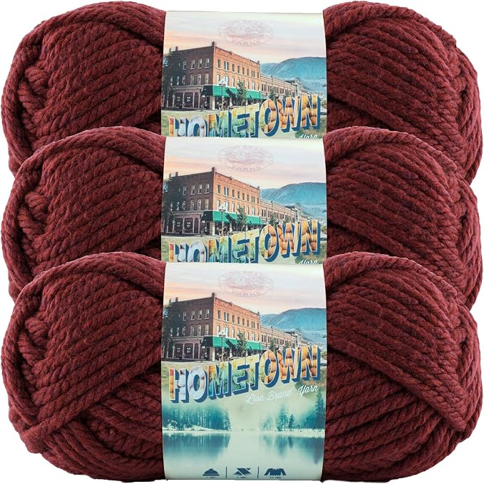 Lion Brand Yarn Hometown Yarn, Super-Bulky Yarn for Knitting, Crocheting, and Crafting, 3 Pack, Napa Valley Pinot