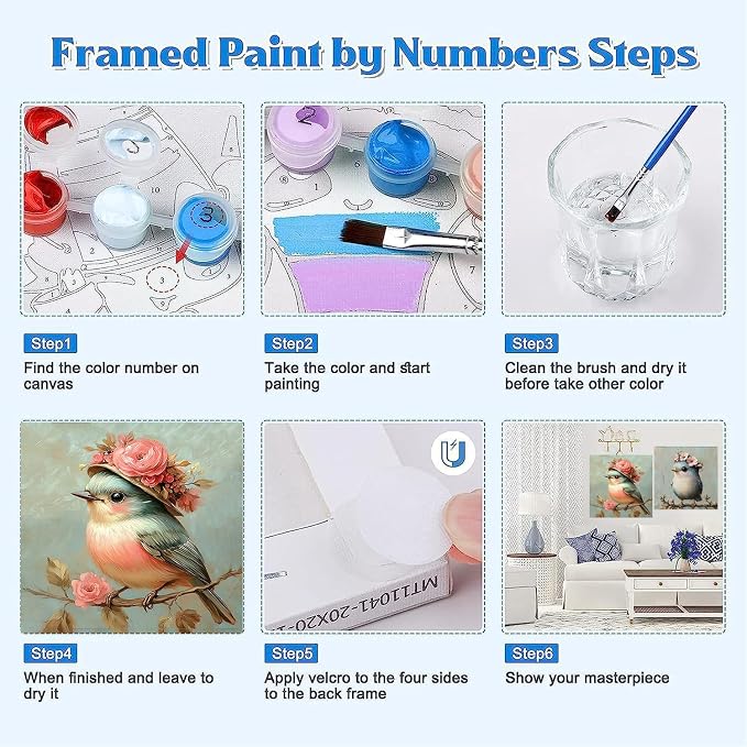 Clendo 4 Pack Bird Paint by Numbers Kit for Adults Beginners Framed - DIY Vintage Adults Paint by Numbers Kits on Canvas with Frame, Small Easy Acrylic Oil Painting for Home Wall Decor (8 x 8 Inch)