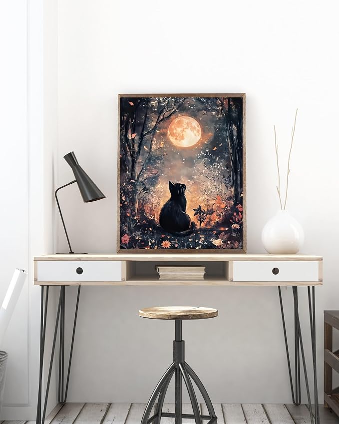 Black Cat Moon 5D DIY Diamond Painting Kits for Adults | Diamond Art Kits for Beginners, Full Drill Dot Painting Gem Art Kits for Home Wall Decor11.8 x15.7 Inch