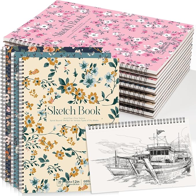 12 Pack Sketch Book 9 × 12 in, Top Spiral, 30 Sheets, Acid-Free Paper | 100gsm Paper, Hardcover with Rigid Backboard, Lay-Flat Top Spiral, for Sketching, Drawing, And Dry Media